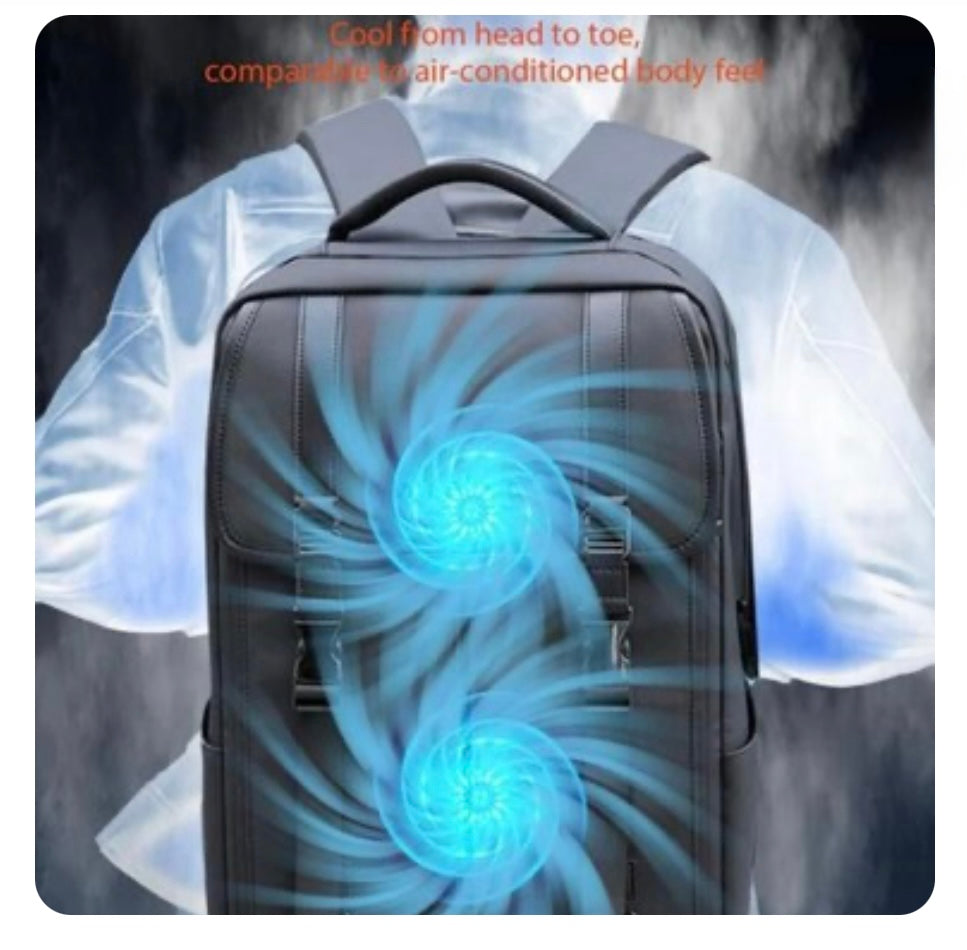 حقيبة ذكية تعمل مع مروحة تبريد بالإضافة إلى بنك الطاقة لشحن الهاتف