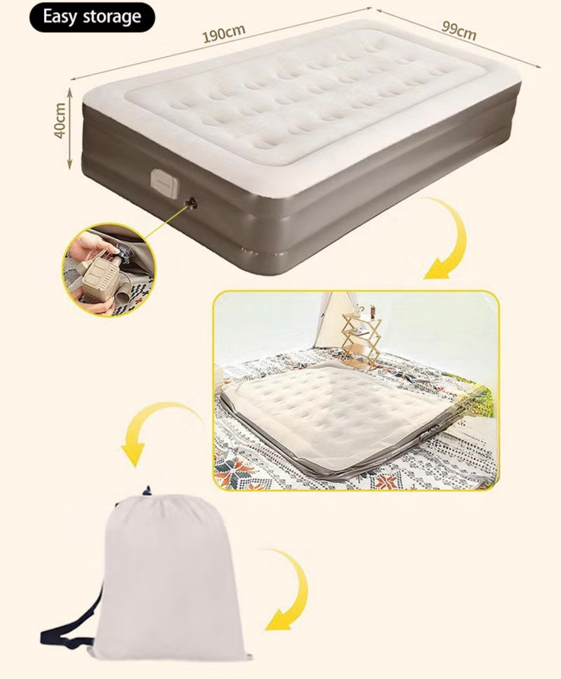 سرير ذاتي النفخ محمول مع مضخة هواء مدمجة